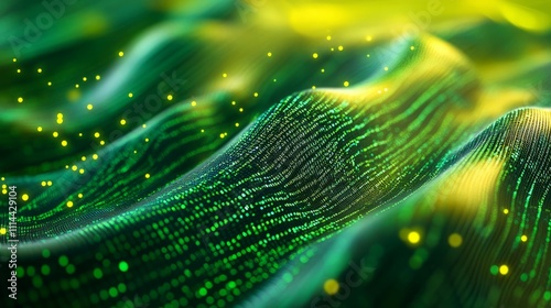 Flowing stream of binary code in green and yellow hues, representing data transfer and technology photo