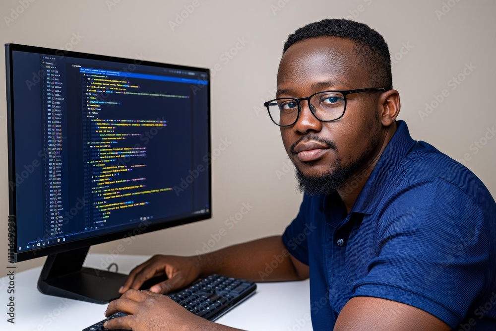 minimal photostock of a African American young developer in eyeglasses concentrating on his online work on computer sitting at workplace minimal photostock of a African American young developer in eyeglasses concentrating on his online work on computer sitting at workplace