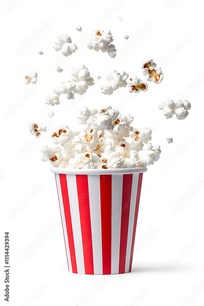 Popcorn bursting out of a classic red-and-white striped container , isolated on white background Popcorn bursting out of a classic red-and-white striped container , isolated on white background