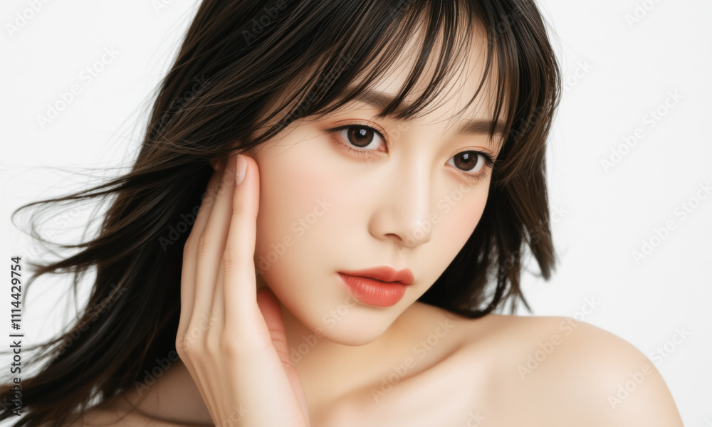 woman with natural skin and soft features, showcasing her beauty and elegance. Her long hair frames her face, enhancing her delicate expression woman with natural skin and soft features, showcasing her beauty and elegance. Her long hair frames her face, enhancing her delicate expression