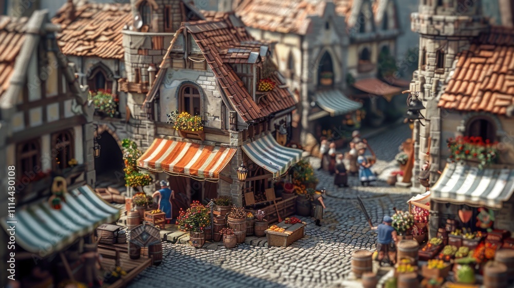 A detailed miniature market scene with charming buildings and vibrant stalls. A detailed miniature market scene with charming buildings and vibrant stalls.