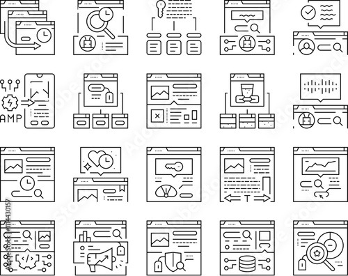 seo improve top website icons set vector. optimization social, analytics strategy, local service, analysis media, engine seo improve top website black contour illustrations