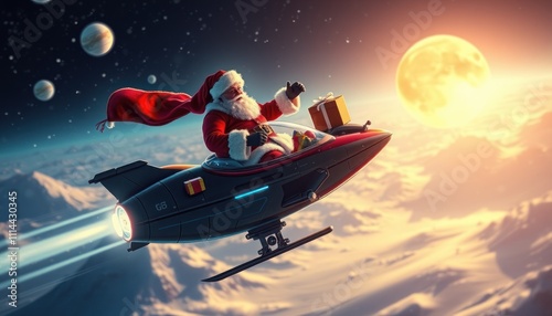 Santa flying in a futuristic rocket through space, delivering gifts.