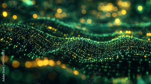 Flowing stream of binary code in green and yellow hues, representing data transfer and technology photo