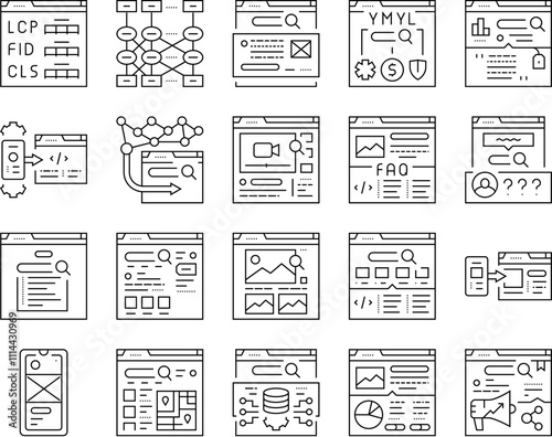 seo digital optimization strategy icons set vector. local service, analysis media, consulting web, ecommerce backlink seo digital optimization strategy black contour illustrations