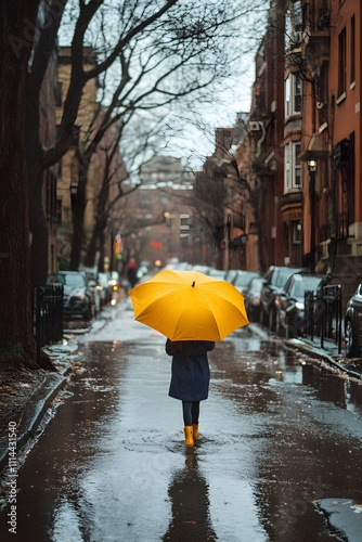Photo of a child splashing in puddles while holding a bright yellow umbrella on a rainy day.