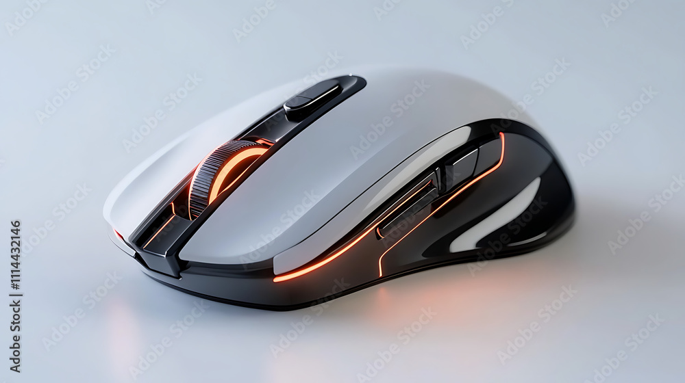 A white and black computer mouse with a glowing orange button A white and black computer mouse with a glowing orange button