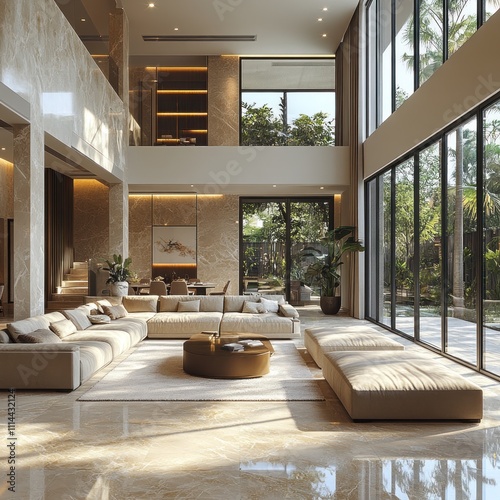 Spacious modern living room with large windows and elegant furnishings.