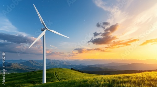 Twilight wind turbines and glowing stars in sustainable energy