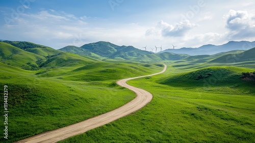 Wind turbine generators in lush green hills for sustainable energy