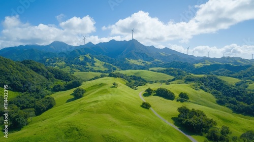 Wind turbine generators powering sustainable energy in green valleys photo