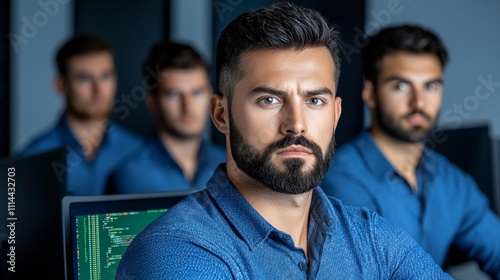 minimal photostock of a  Smart Male IT Programer Working on Desktop Green Mock-up Screen Computer in Data Center System Control Room photo
