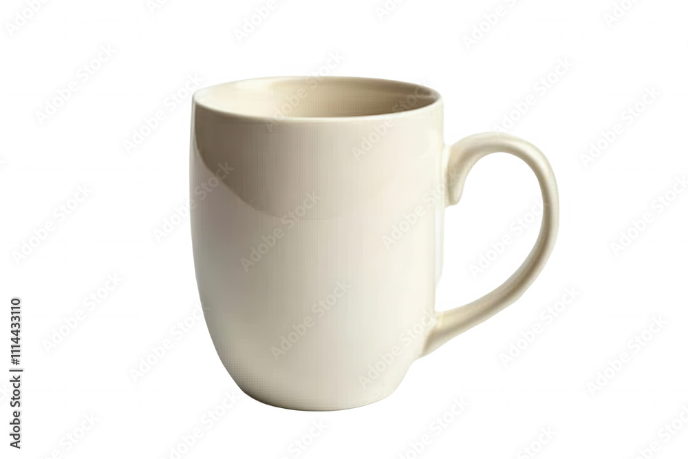 This ceramic mug features a sleek, simple design with a glossy white finish. Its isolated appearance highlights the beautiful curves and functional handle, making it a stylish addition to any kitchen This ceramic mug features a sleek, simple design with a glossy white finish. Its isolated appearance highlights the beautiful curves and functional handle, making it a stylish addition to any kitchen