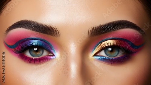 Close-up of a woman's eye. A variety of brightly colored eyeshadows in shades of pink, purple, blue and gold are applied in swirling patterns on the eyelid.