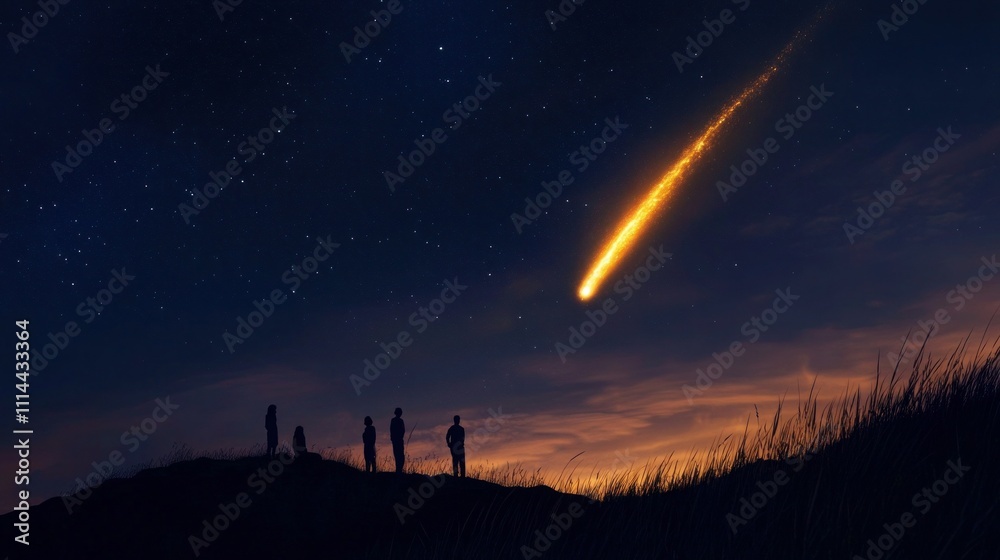 People observing a comet in a night sky. Generative AI People observing a comet in a night sky. Generative AI