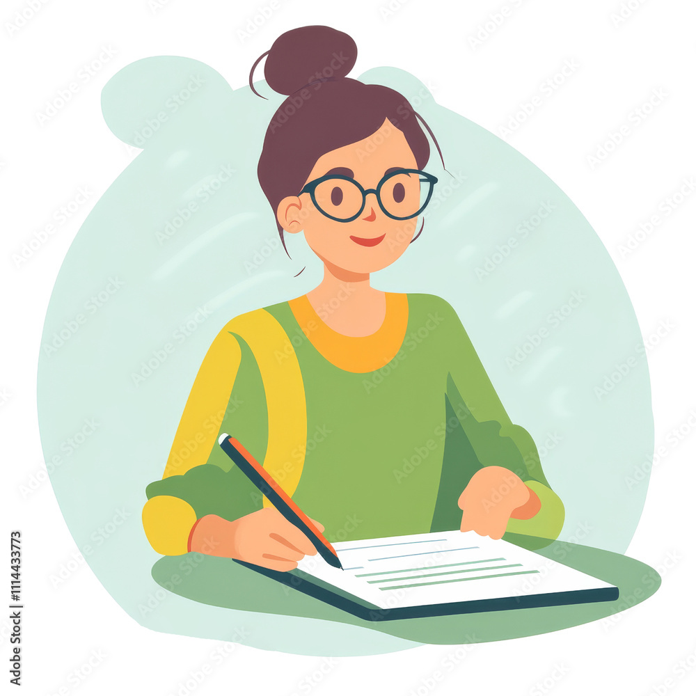 Fototapeta premium A young woman wearing glasses writes notes on a notebook, showcasing a focused expression and a creative atmosphere.