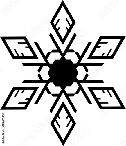 A vector image of a snowflake with a geometric symmetrical shape and sharp edges.