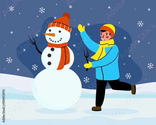 boy makes a snowman on the street. Winter games in the fresh air. Vector illustration.