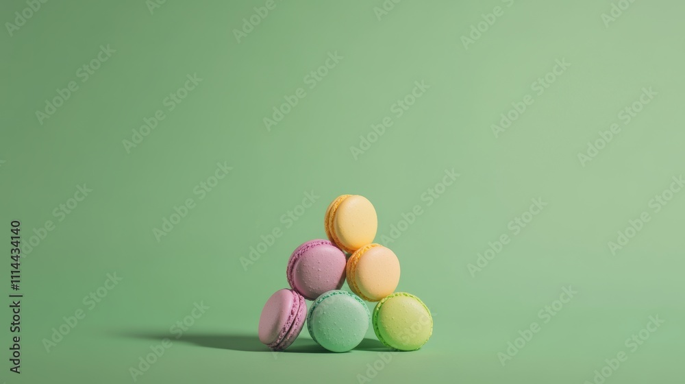 A colorful pyramid of macarons in shades of pink, green, yellow, and purple, arranged neatly on a solid green background, evoking a playful and modern aesthetic, perfect for food and dessert themes. A colorful pyramid of macarons in shades of pink, green, yellow, and purple, arranged neatly on a solid green background, evoking a playful and modern aesthetic, perfect for food and dessert themes.