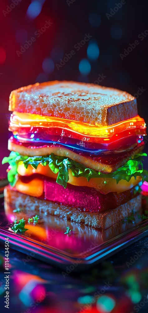 Savoring a glowing gourmet sandwich in a neon kitchen a vibrant culinary experience with holographic elements Savoring a glowing gourmet sandwich in a neon kitchen a vibrant culinary experience with holographic elements