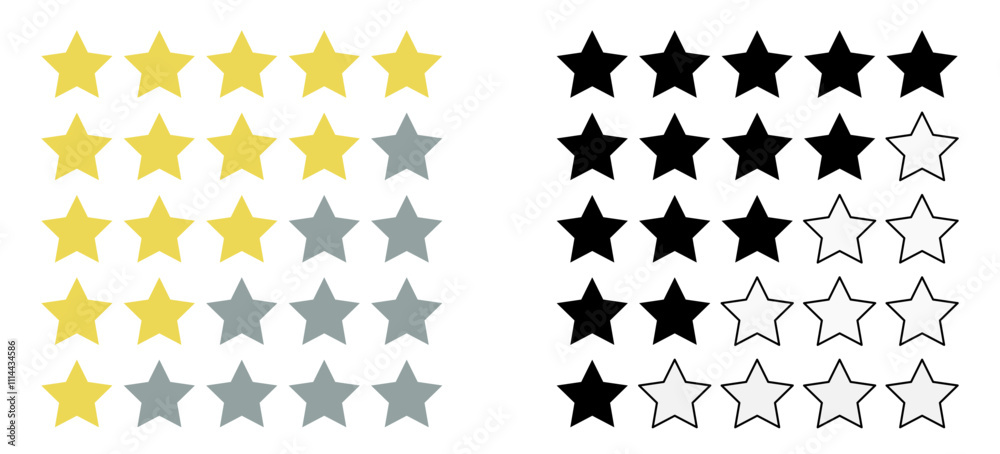 Icono de calificación de 5 estrellas ilustración vectorial Insignia aislada en color y en blanco y negro para sitio web o infografía de stock de aplicaciones
