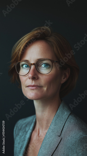 erious professional woman in glasses and gray blazer.