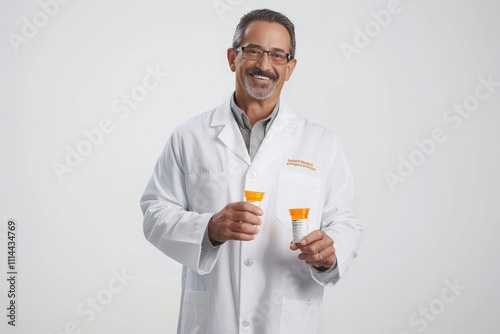 A pharmacist in a white lab coat, holding a prescription bottle, smiling against a white background.