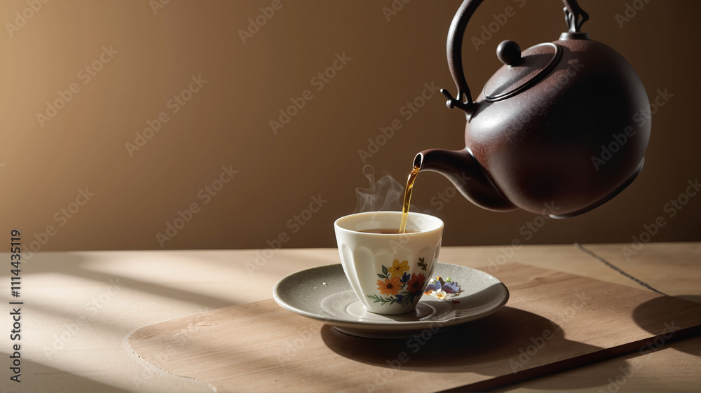Pouring tea from a black teapot into a delicate cup Pouring tea from a black teapot into a delicate cup