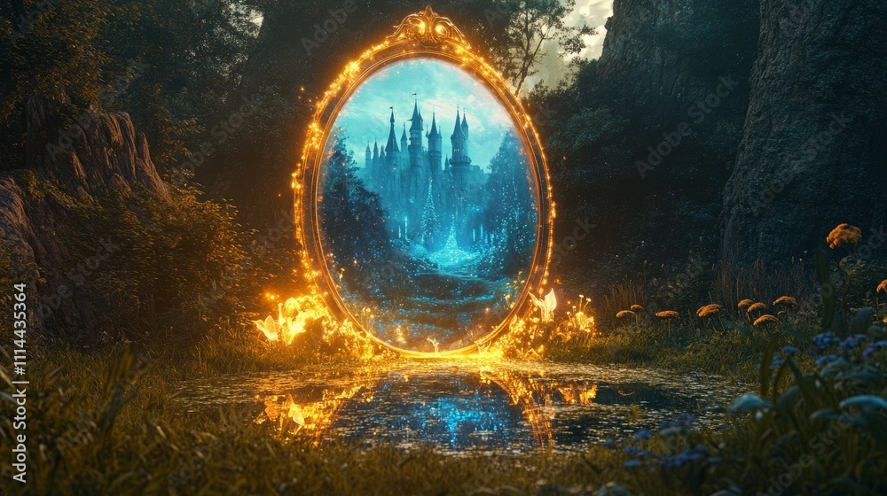 Portal reveals a mystical land with enchanted castle. Generative AI Portal reveals a mystical land with enchanted castle. Generative AI
