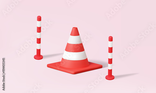 3D vector bollard with red traffic plastic cone sign symbol warning safety delineator on pink background. construction industrial accident prevention concept. Cartoon minimal.