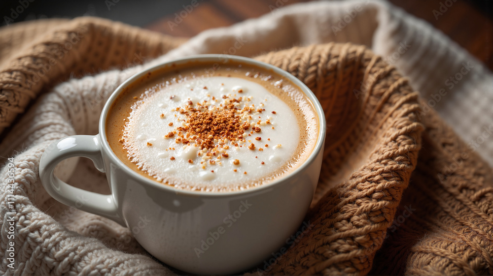 Creamy latte in a ceramic mug with sprinkled cinnamon Creamy latte in a ceramic mug with sprinkled cinnamon