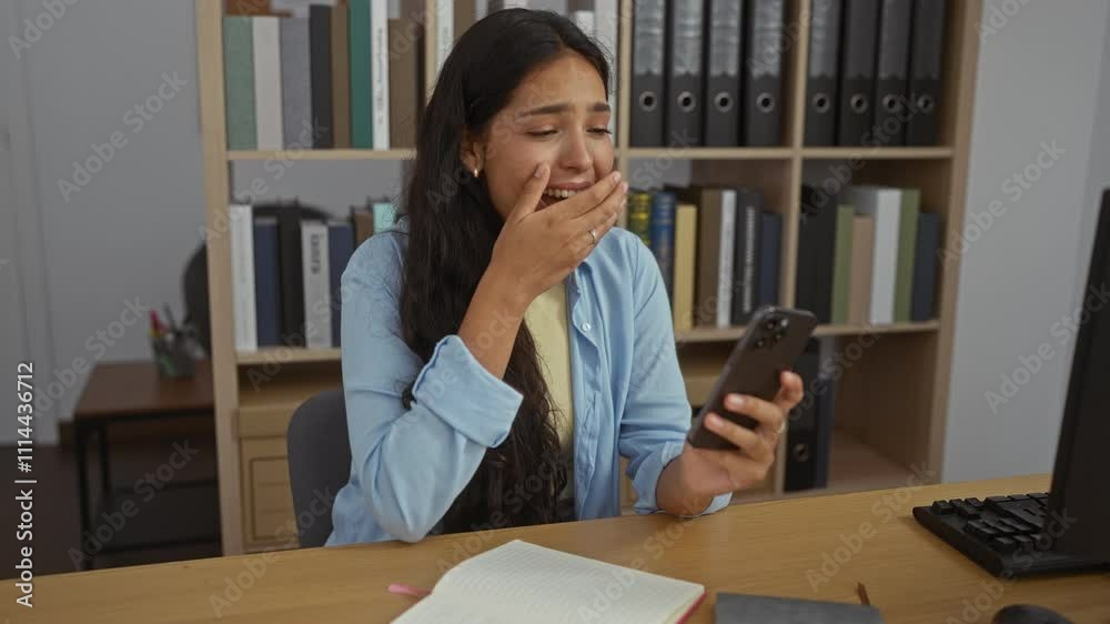Woman smiling while looking at her phone in an office, surrounded by books and binders on shelves, indicating a productive work environment. Woman smiling while looking at her phone in an office, surrounded by books and binders on shelves, indicating a productive work environment.