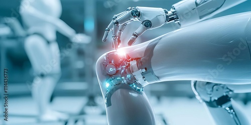 A futuristic scene of a robotic hand repairing a human knee joint, emphasizing the fusion of technology and fitness for pain relief