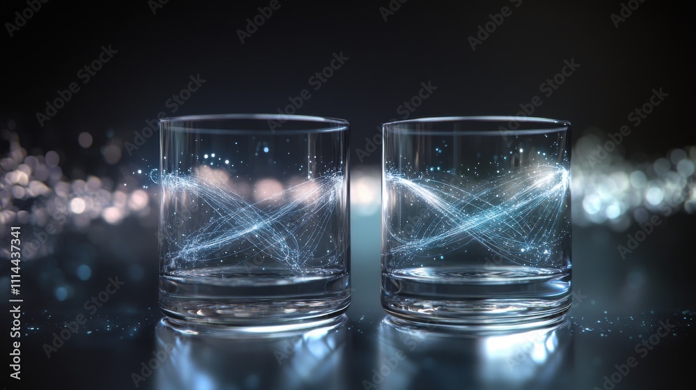Glasses on a reflective surface with light trails and sparkles create a captivating visual effect Glasses on a reflective surface with light trails and sparkles create a captivating visual effect