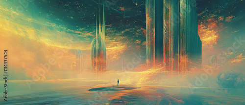 Serene Tachyonic Field Generators: Surreal Landscape Painting photo