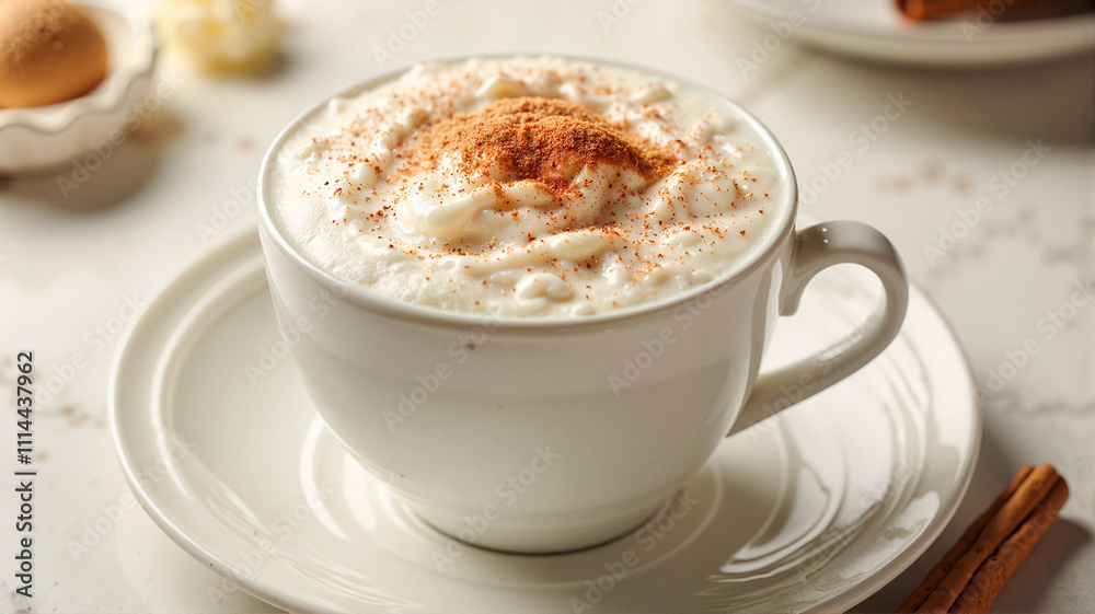Cappuccino with cinnamon sprinkle in a white ceramic cup Cappuccino with cinnamon sprinkle in a white ceramic cup
