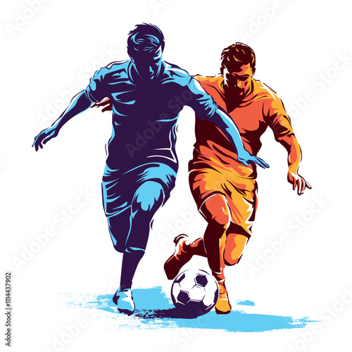 two soccer players fighting the ball, stylized vector illustration