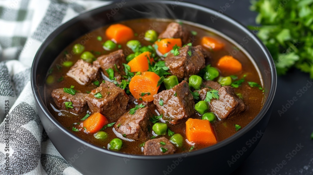 Tender beef chunks, carrots, and peas are slow-cooked in a rich broth, creating a hearty and flavorful stew perfect for cozy dinners Tender beef chunks, carrots, and peas are slow-cooked in a rich broth, creating a hearty and flavorful stew perfect for cozy dinners