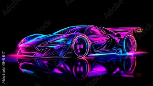 Neon-lit sports car reflecting on a dark surface.