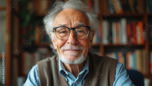 An elderly man with white hair and glasses sits comfortably in a library filled with books. He wears a cozy sweater vest and smiles warmly, conveying a sense of wisdom and tranquility in this inviting photo