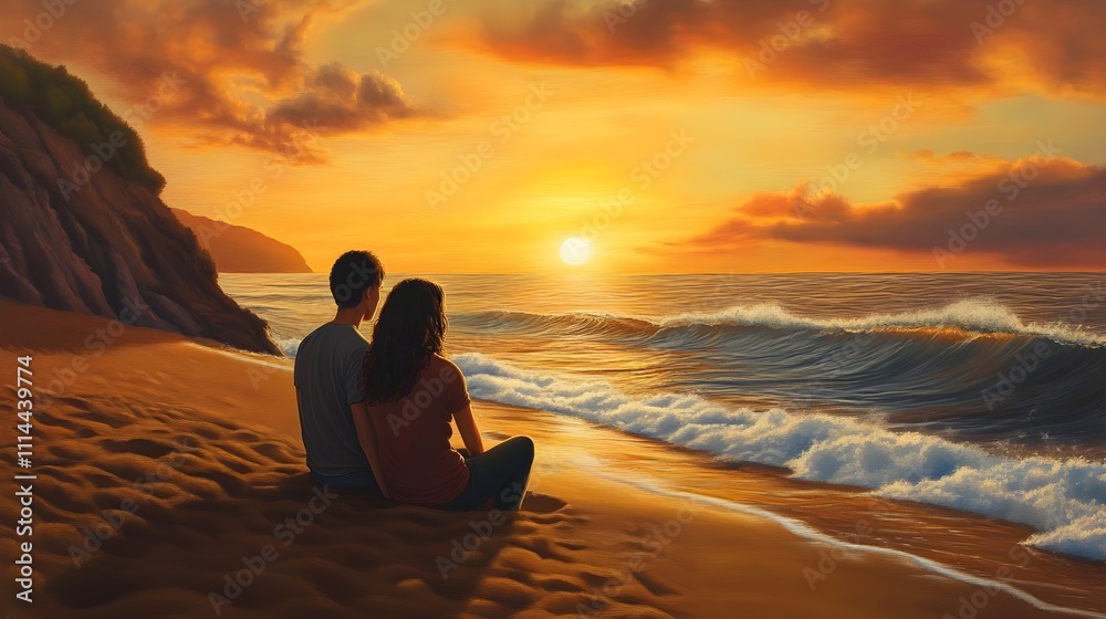 A young couple sitting on a sandy beach, watching the sun set over the horizon, with waves gently lapping nearby. A young couple sitting on a sandy beach, watching the sun set over the horizon, with waves gently lapping nearby.