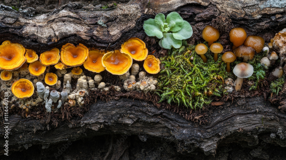 Hyperrealistic Macro Photo: Mycorrhizal Fungi and Plants on Tree Trunk Hyperrealistic Macro Photo: Mycorrhizal Fungi and Plants on Tree Trunk