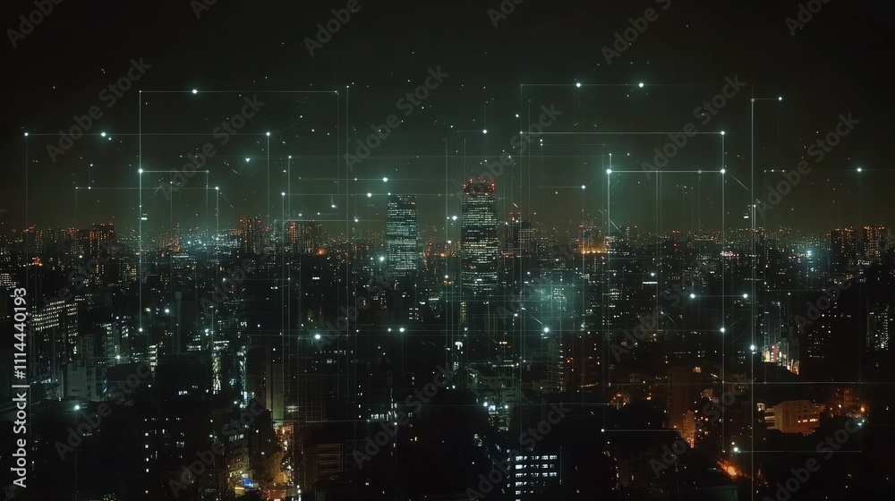 Obraz premium Night cityscape with glowing network connections.