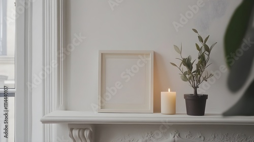 A white rectangular frame resting on a clean white mantle, with just a single candle and a small plant as accents.