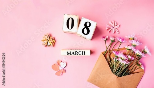 8 March Women's Day Celebration. Wooden Calendar with Pink and Purple Tulips in an Open Kraft Envelope on a Vibrant Pink Background - Perfect for Greeting Cards, Invitations, and Social Media Posts photo