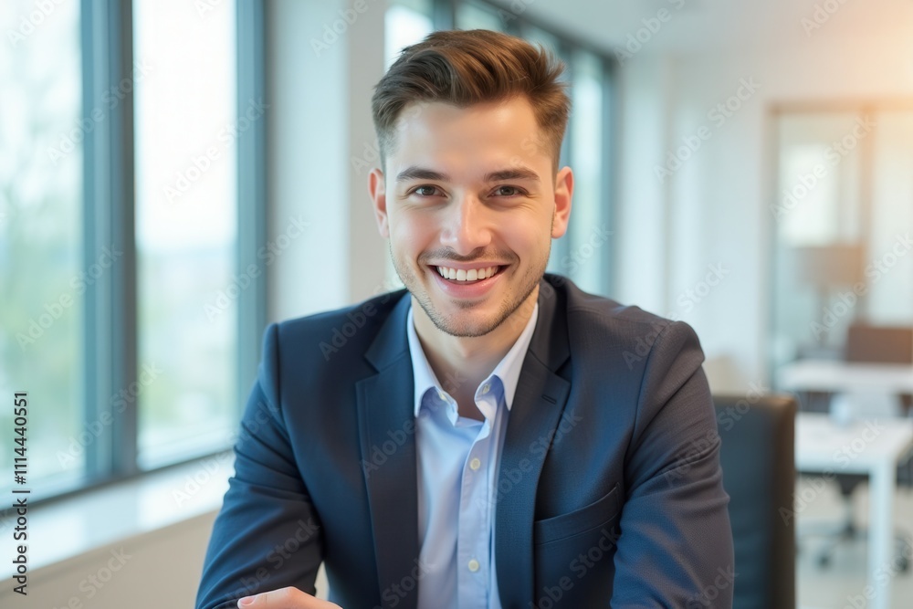 A young man dressed in a formal suit and light blue shirt sits at a desk in a modern office. He smiles warmly, exuding confidence and approachability amidst a bright, well lit workspace with large win A young man dressed in a formal suit and light blue shirt sits at a desk in a modern office. He smiles warmly, exuding confidence and approachability amidst a bright, well lit workspace with large win