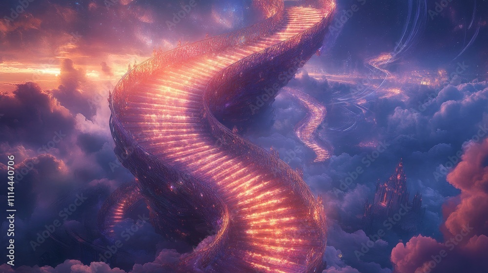 A beautiful staircase spirals through vibrant clouds during sunset A beautiful staircase spirals through vibrant clouds during sunset