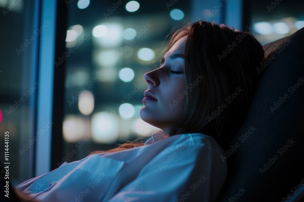A young woman reclines comfortably in a chair, eyes closed, enjoying a moment of relaxation. The backdrop features a blurred cityscape illuminated by bright lights, creating a serene nighttime atmosph A young woman reclines comfortably in a chair, eyes closed, enjoying a moment of relaxation. The backdrop features a blurred cityscape illuminated by bright lights, creating a serene nighttime atmosph
