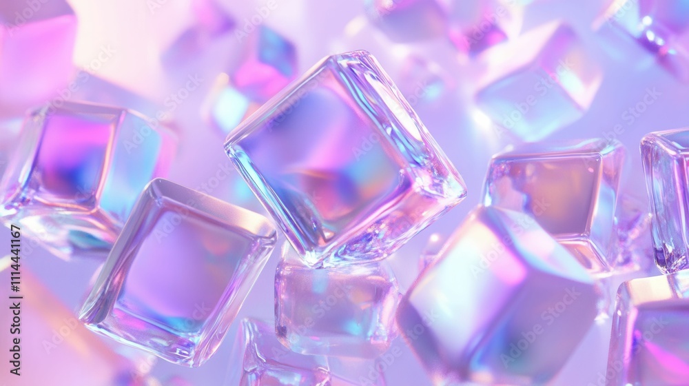 Colorful glass shapes glowing iridescently in a soft, gradient scene Colorful glass shapes glowing iridescently in a soft, gradient scene
