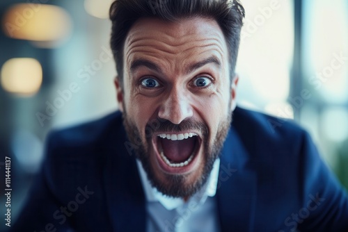 A man with a well groomed beard and stylish suit expresses his excitement with an open mouth and wide eyes. He is in a contemporary office, filled with natural light, surrounded by blurred interior el photo